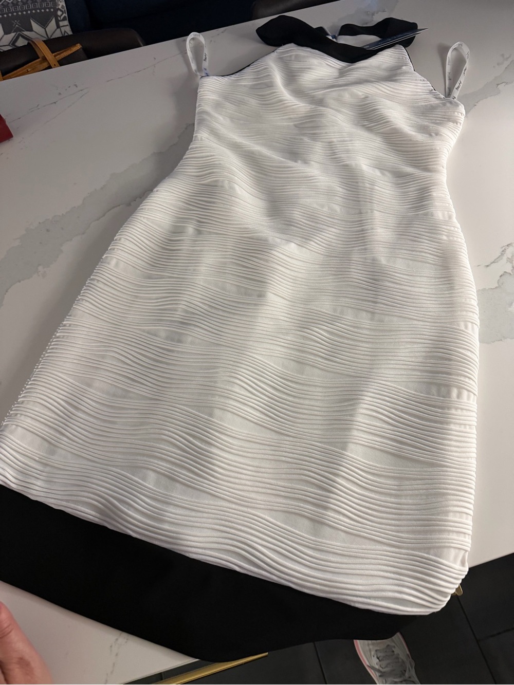 Joseph Ribkoff White Textured knee high Dress with Black Accents